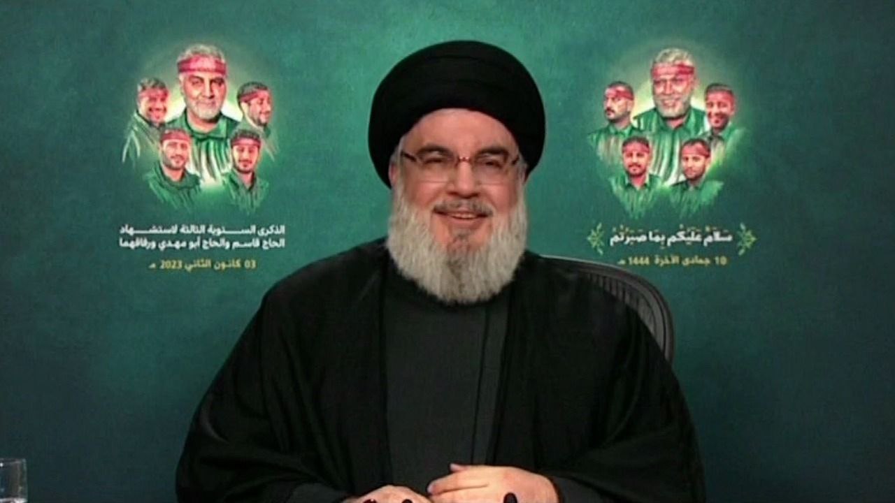 Hezbollah Secretary General in a televised speech in commemoration of the martyrdom of Haj Qassem SUleimani and Abu Mahdi Al-Muhandis on Tuesday, January 3, 2023.